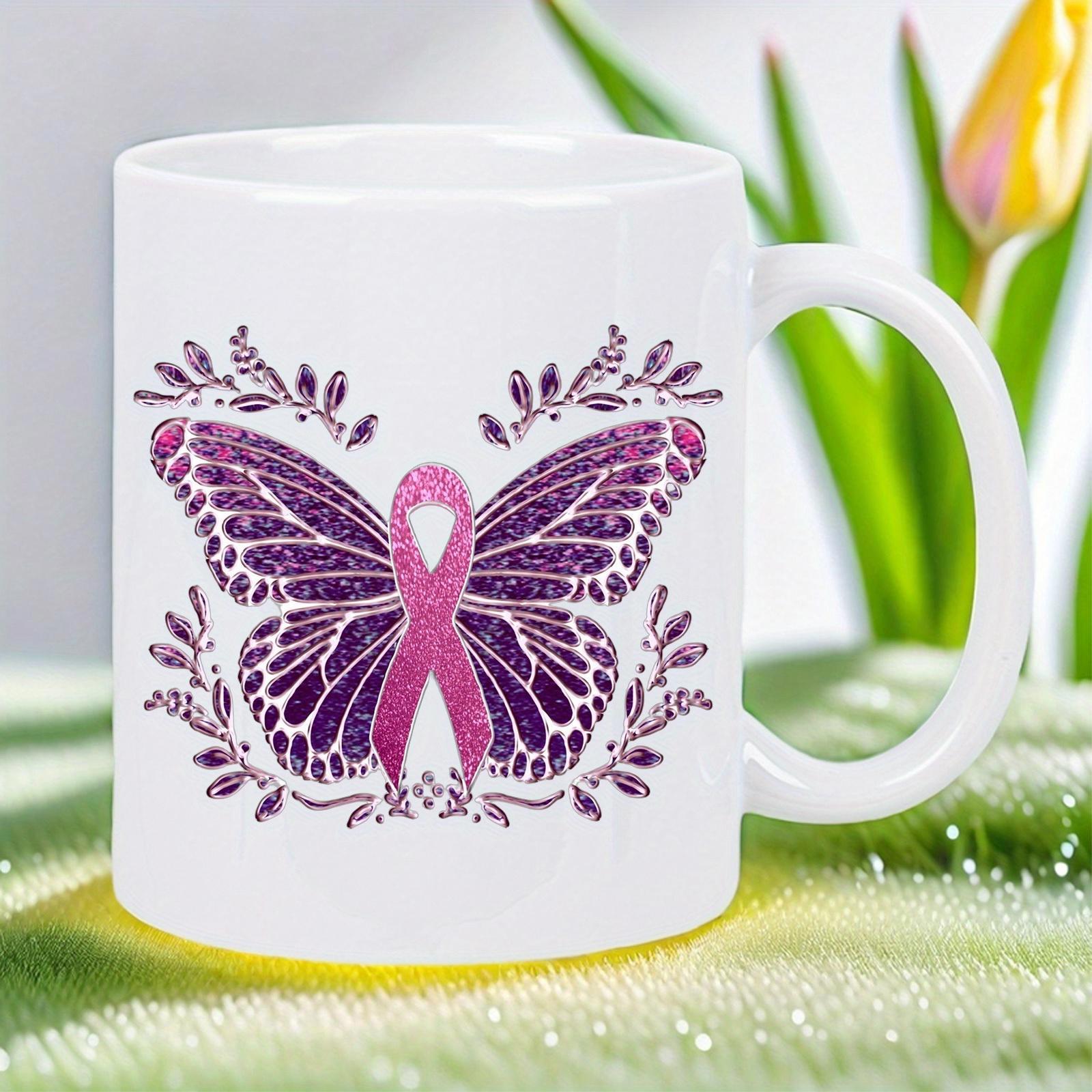 Tailorly White Ceramic 11 oz Mug - Glittery Pink Ribbon Awareness Symbol Surrounded By Delicate Purple Floral Flourishes Butterfly
