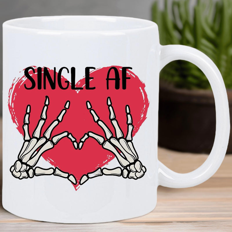 Tailorly White Ceramic 11 oz Mug - Single Af Skeleton Hands Forming A Heart Over Distressed Red Vibrant Heart Skeleton