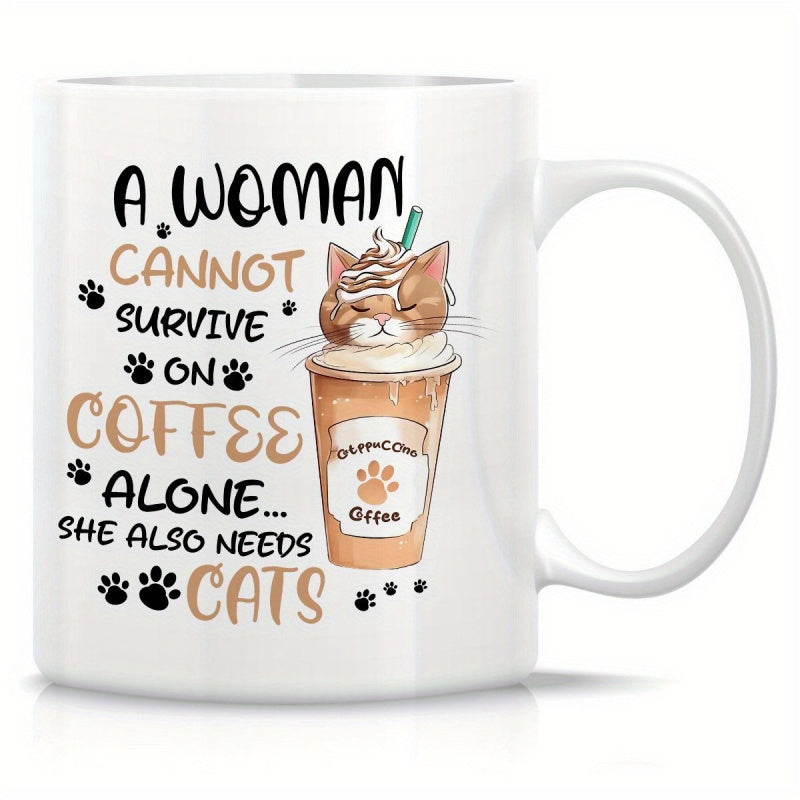 Tailorly White Ceramic 11 oz Mug - A Woman Cannot Survive On Coffee Alone She Also Needs Cats Cute Tabby Cat Emerging From Whipped Cream On Top Of Coffee Mug