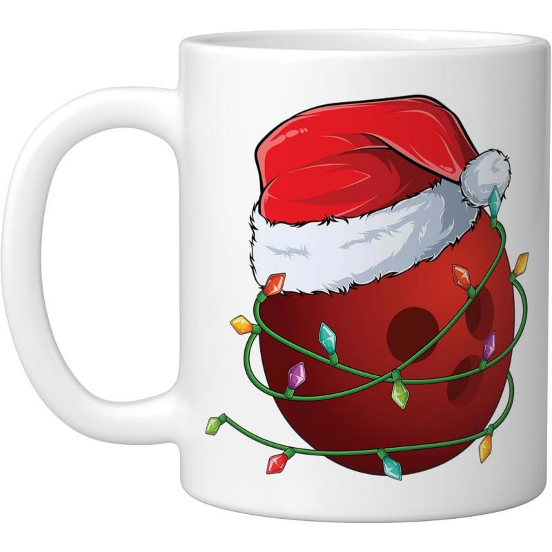 Tailorly White Ceramic 11 oz Mug - Festive Santa Hat Wrapped In Colorful Glowing Holiday Lights Bowling Ball