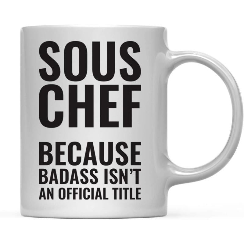 Tailorly White Ceramic 11 oz Mug - Sous Chef Because Badass Isnt An Official Title Simple Minimalist White Ceramic Kitchenware Featuring Bold Black Typography