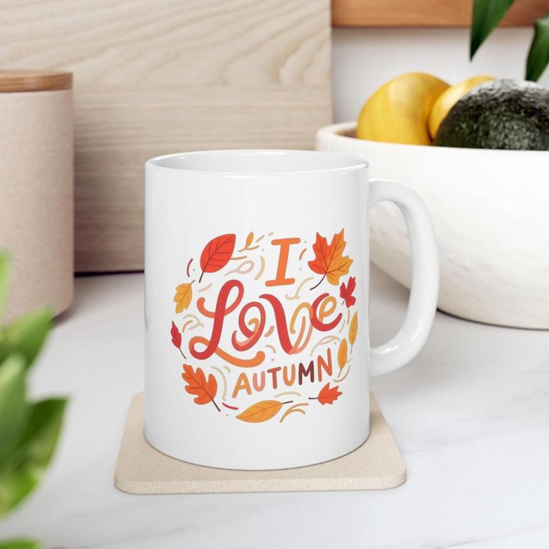 Tailorly White Ceramic 11 oz Mug - I Love Autumn Vibrant Falling Maple And Oak Leaves Swirling In Seasonal Warmth Leaf