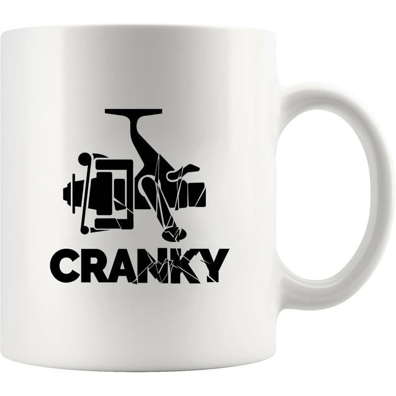 Tailorly White Ceramic 11 oz Mug - Cranky Distressed Black Fishing Spinning Reel Silhouette With Tangled Lines Reel