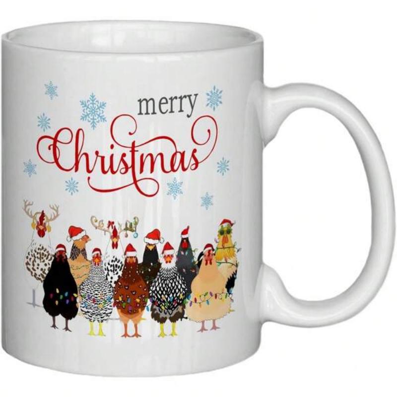 Tailorly White Ceramic 11 oz Mug - Merry Christmas Diverse Chickens Wearing Festive Red Santa Hats With Falling Blue Snowflakes Chicken