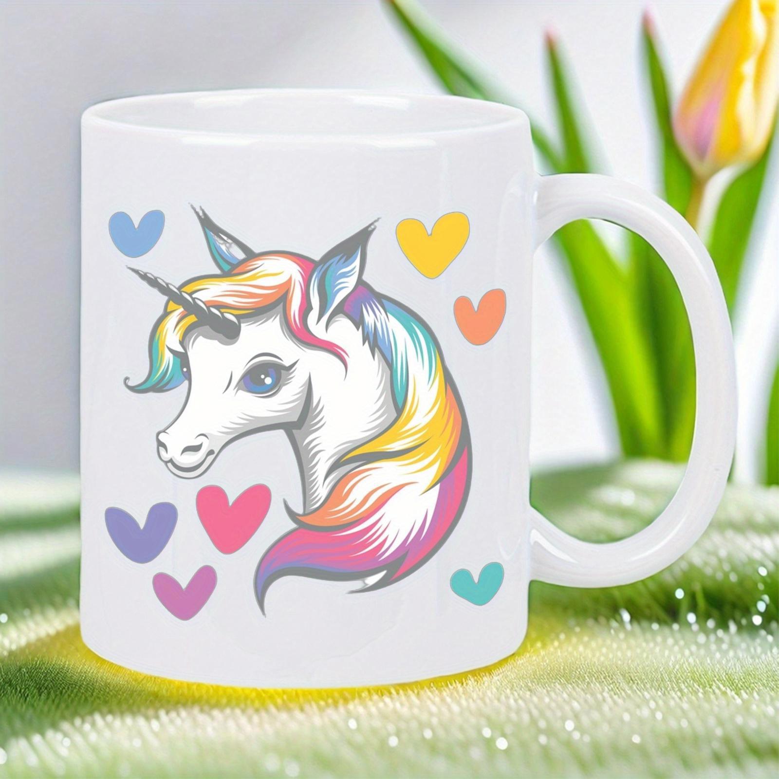 Tailorly White Ceramic 11 oz Mug - Whimsical Colorful Rainbow Mane Mythical Creature Floating Among Vibrant Hearts Unicorn
