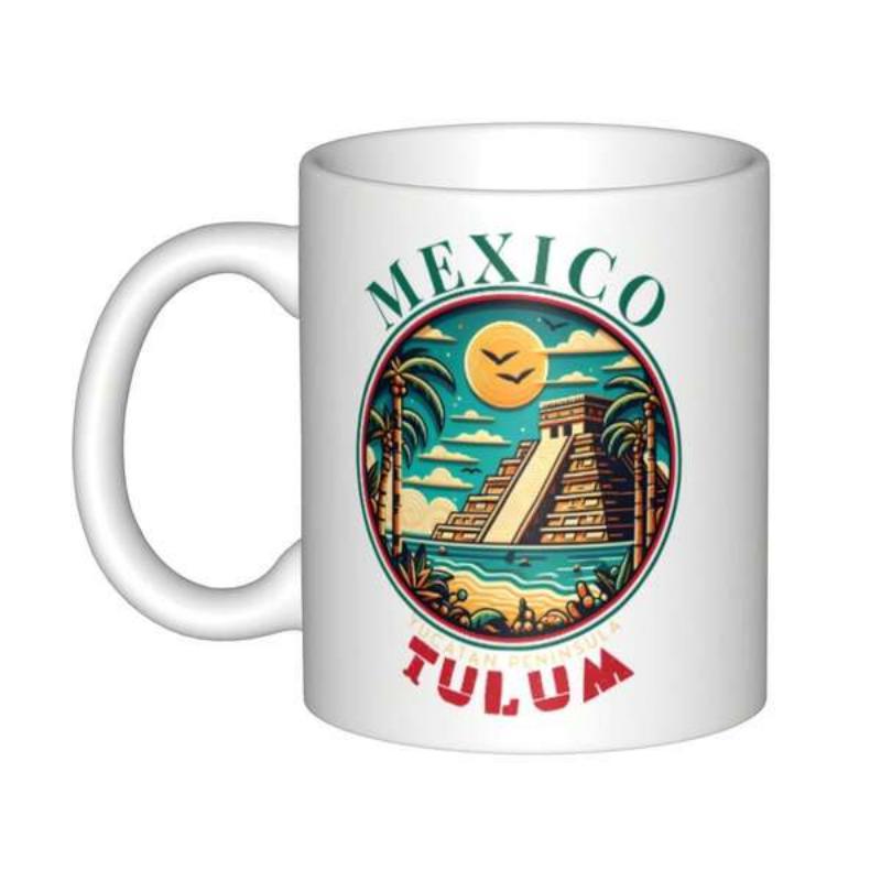 Tailorly White Ceramic 11 oz Mug - Mexico Tulum Tropical Paradise Beach With Palm Trees And Golden Sun Ancient Mayan Pyramid