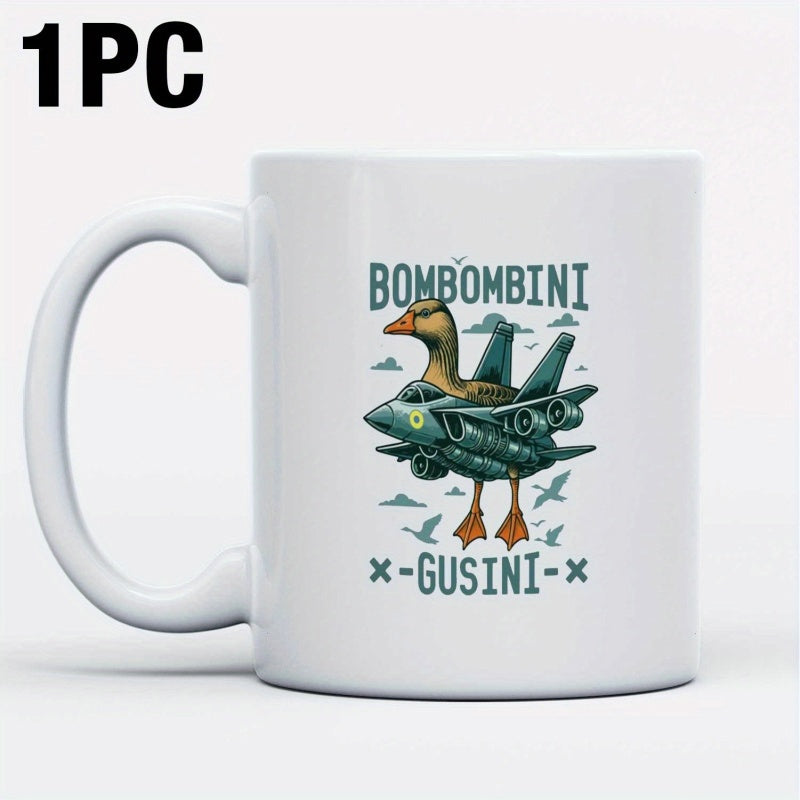 Tailorly White Ceramic 11 oz Mug - Bombombini Gusini Funny Tactical Military Fighter Jet Merged With A Majestic Flying Bird Goose
