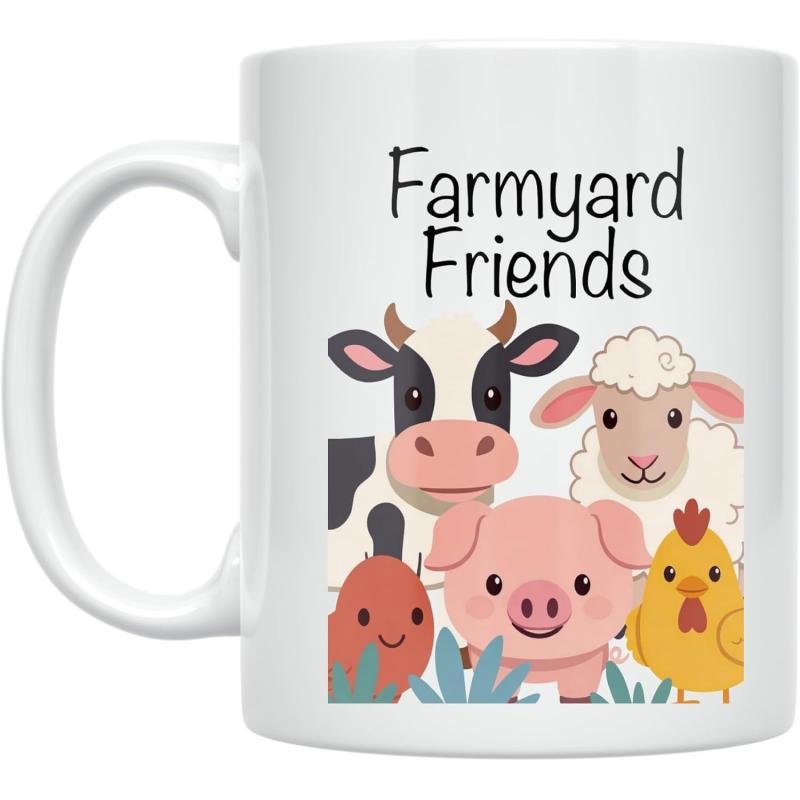 Tailorly White Ceramic 11 oz Mug - Farmyard Friends Cute Cartoon Cow Sheep Pig And Chicken Standing Together Animals
