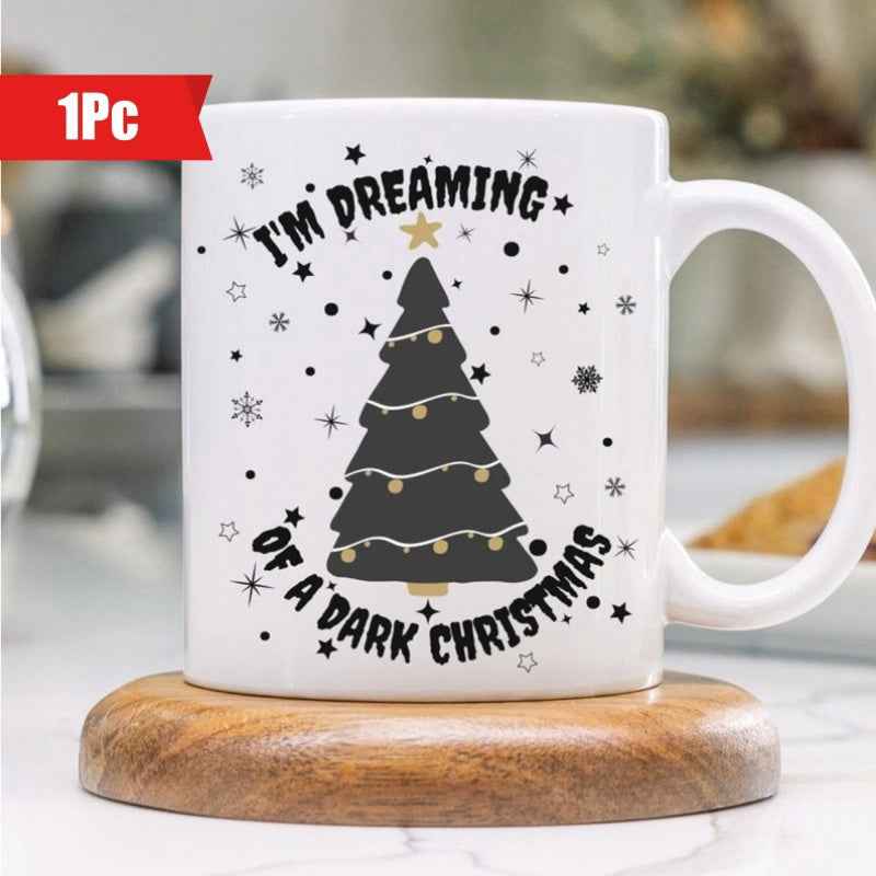 Tailorly White Ceramic 11 oz Mug - Im Dreaming Of A Dark Christmas Minimalist Black Pine Surrounded By Delicate Twinkling Stars And Snowflakes Tree