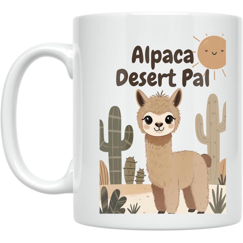 Tailorly White Ceramic 11 oz Mug - Alpaca Desert Pal Cute Brown Cartoon Animal Standing In Desert Among Cacti Under Sun Alpaca