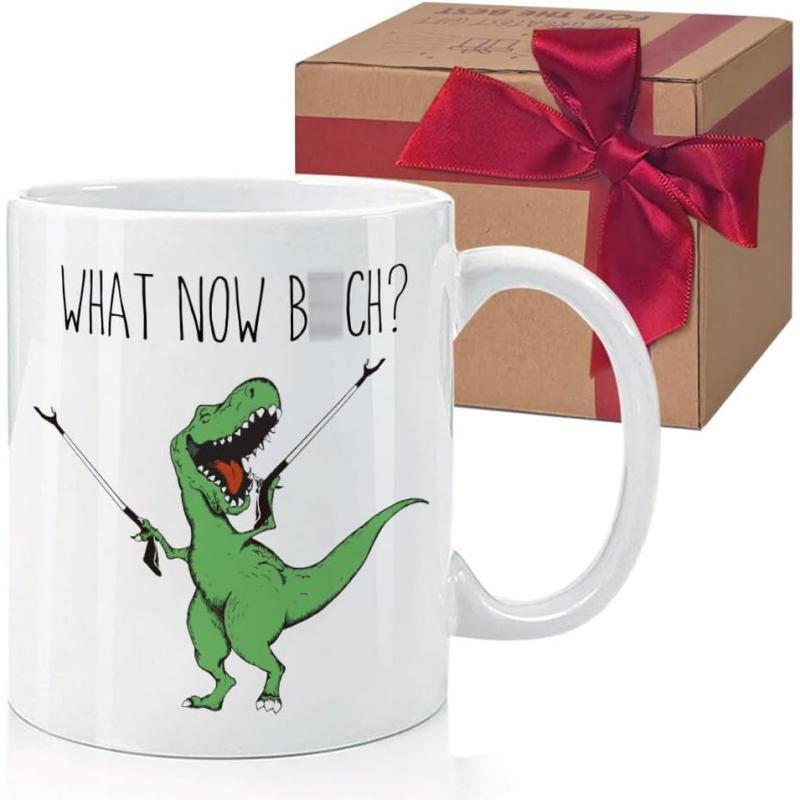 Tailorly White Ceramic 11 oz Mug - What Now Bitch Funny Green Cartoon T Rex Reaching With Long Silver Reacher Tools Dinosaur