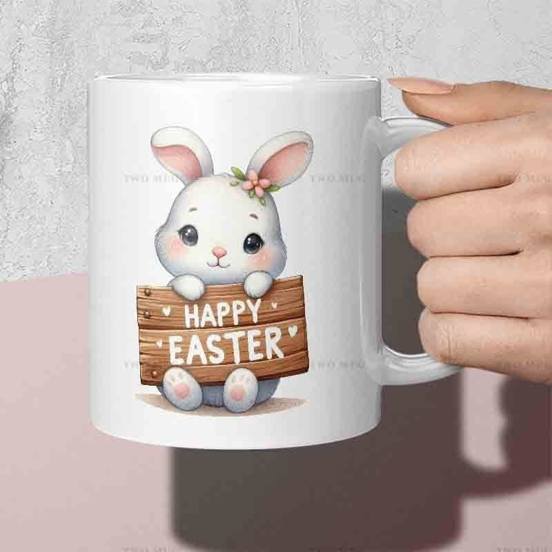 Tailorly White Ceramic 11 oz Mug - Happy Easter Adorable White Rabbit Holding A Wooden Sign With Festive Holiday Greeting Rabbit