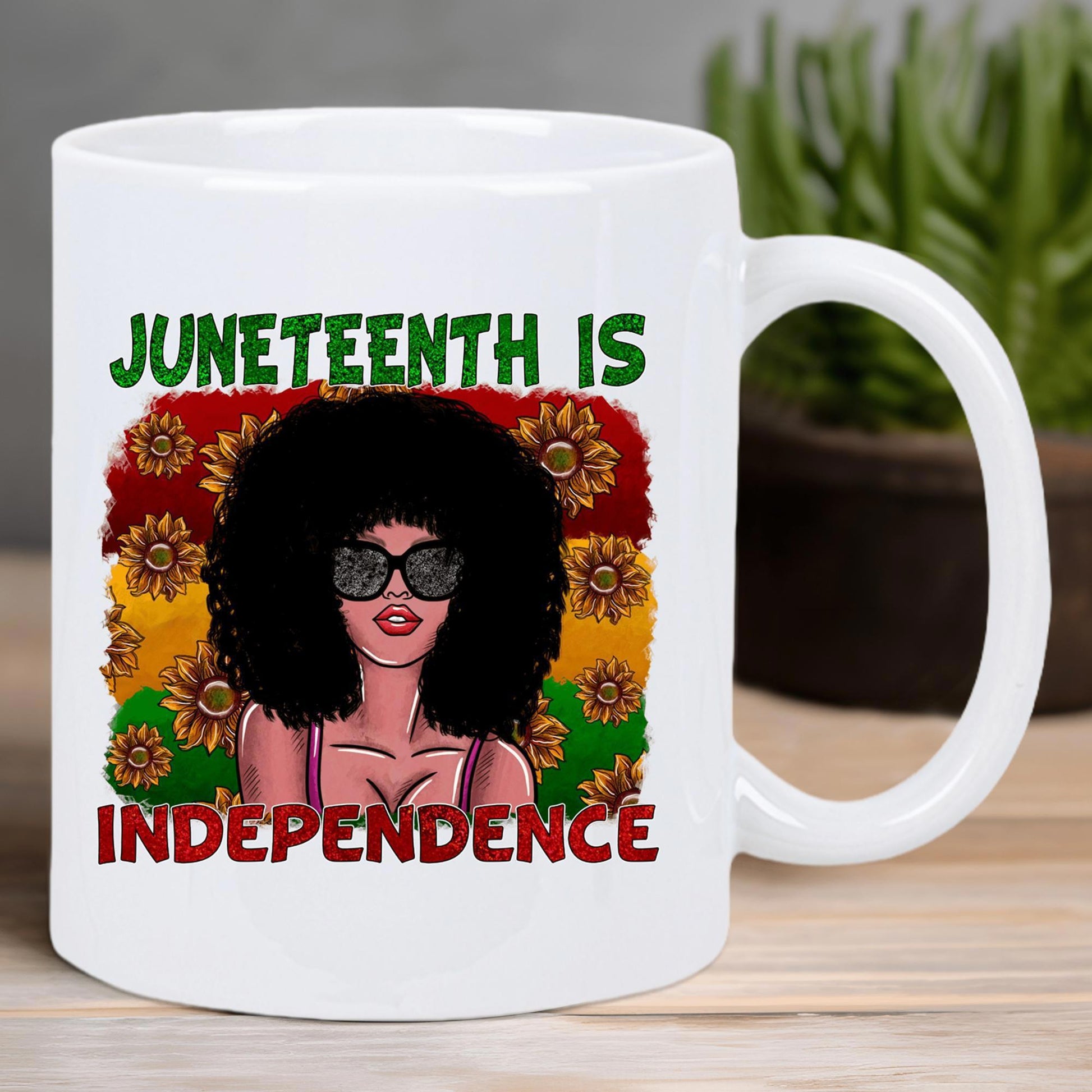Tailorly White Ceramic 11 oz Mug - Juneteenth Is Independence Afro Woman Wearing Sunglasses Surrounded By Vibrant Sunflowers And Colors Woman