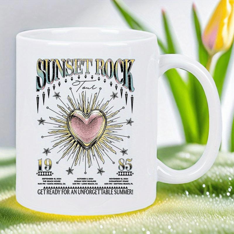 Tailorly White Ceramic 11 oz Mug - Sunset Rock Tour 1985 Get Ready For An Unforgettable Summer Vintage Radiant Sunburst Featuring Small Stars Surrounding A Shining