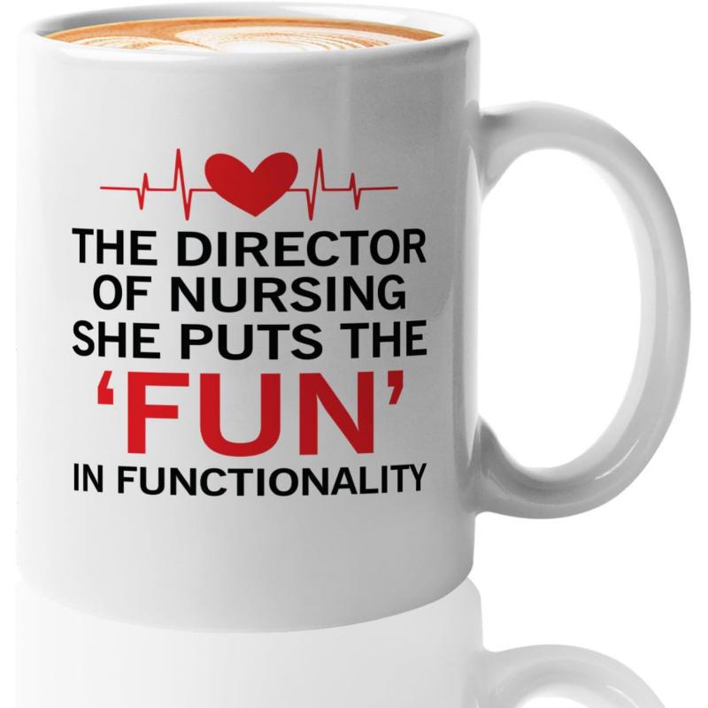 Tailorly White Ceramic 11 oz Mug - The Director Of Nursing She Puts The Fun In Functionality A Simple Red Heart Integrated With A Delicate Medical EKG Rhythm Line