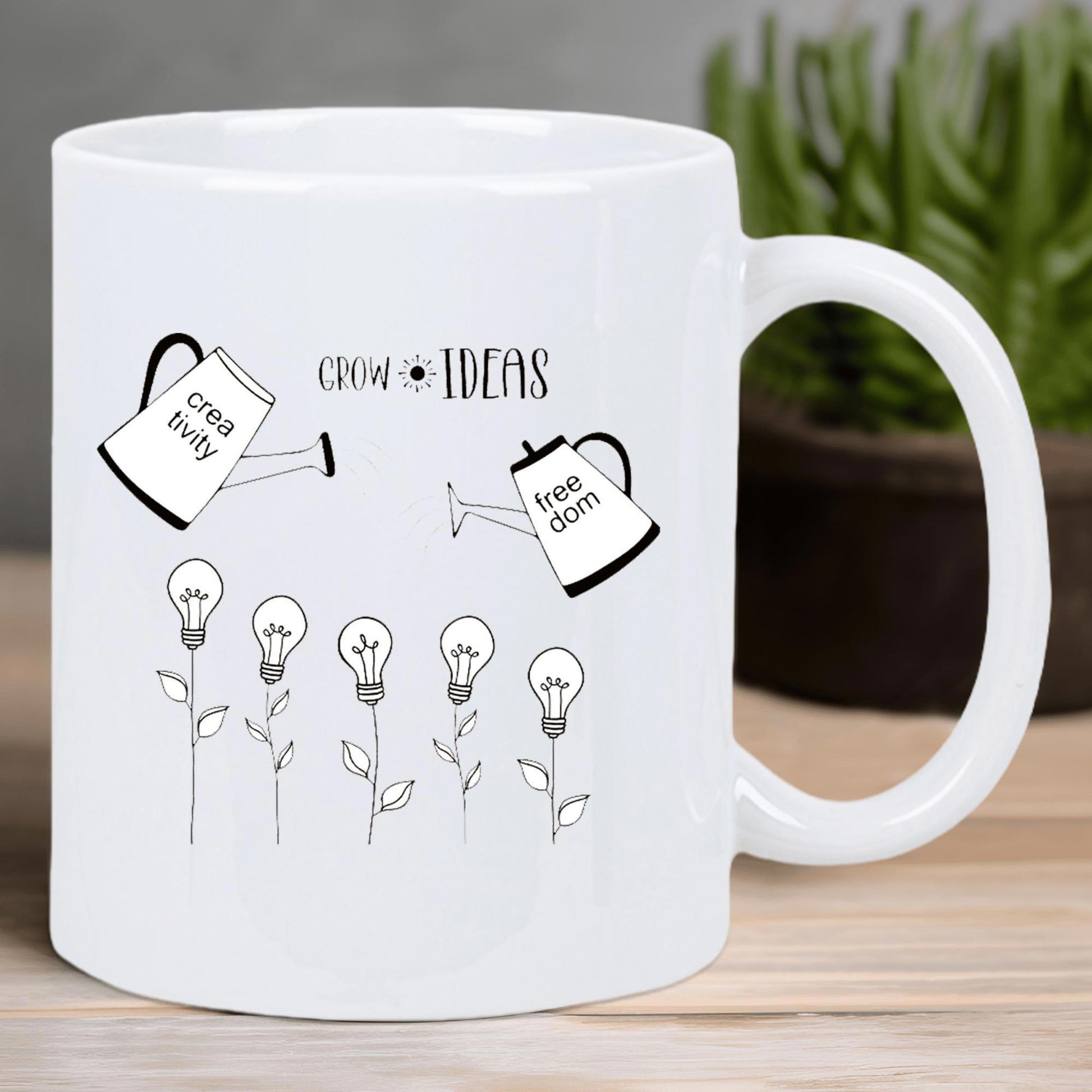 Tailorly White Ceramic 11 oz Mug - Grow Ideas Creativity Freedom Minimalist Line Art Featuring Lightbulb Plants Growing From Gentle Watering Can