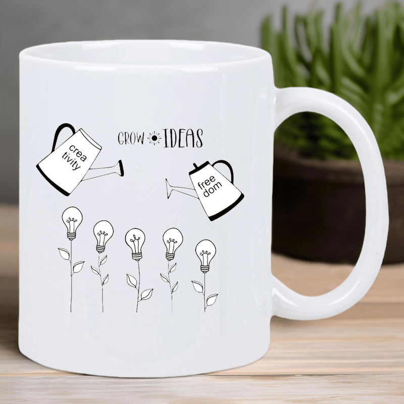 Tailorly White Ceramic 11 oz Mug - Grow Ideas Creativity Freedom Minimalist Line Art Featuring Lightbulb Plants Growing From Gentle Watering Can
