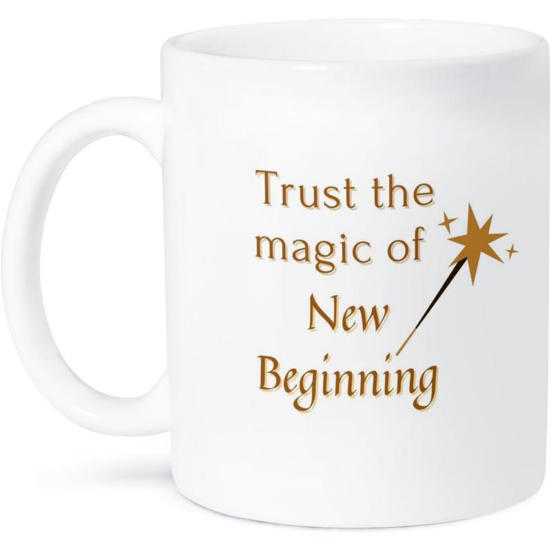 Tailorly White Ceramic 11 oz Mug - Trust The Magic Of New Beginning Golden Magic Wand With Small Stars Floating In A Simple Layout Wand