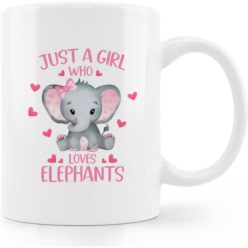 Tailorly White Ceramic 11 oz Mug - Just A Girl Who Loves Elephants Adorable Watercolor Baby Elephant With Pink Bow Surrounded By Hearts Elephant