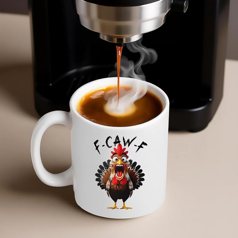 Tailorly White Ceramic 11 oz Mug - F Caw F Funny Surprised Cartoon Bird With Bright Red Comb And Open Beak Rooster