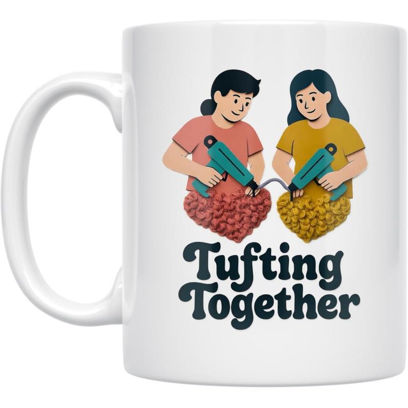 Tailorly White Ceramic 11 oz Mug - Tufting Together Two Happy Women Crafting Heart Rugs Using Professional Creative Tools Rug