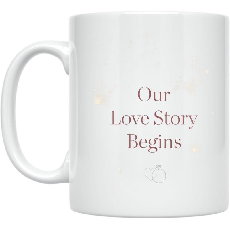 Tailorly White Ceramic 11 oz Mug - Our Love Story Begins Elegant Romantic Typography With Subtle Twinkling Stars And Delicate Ring Sign