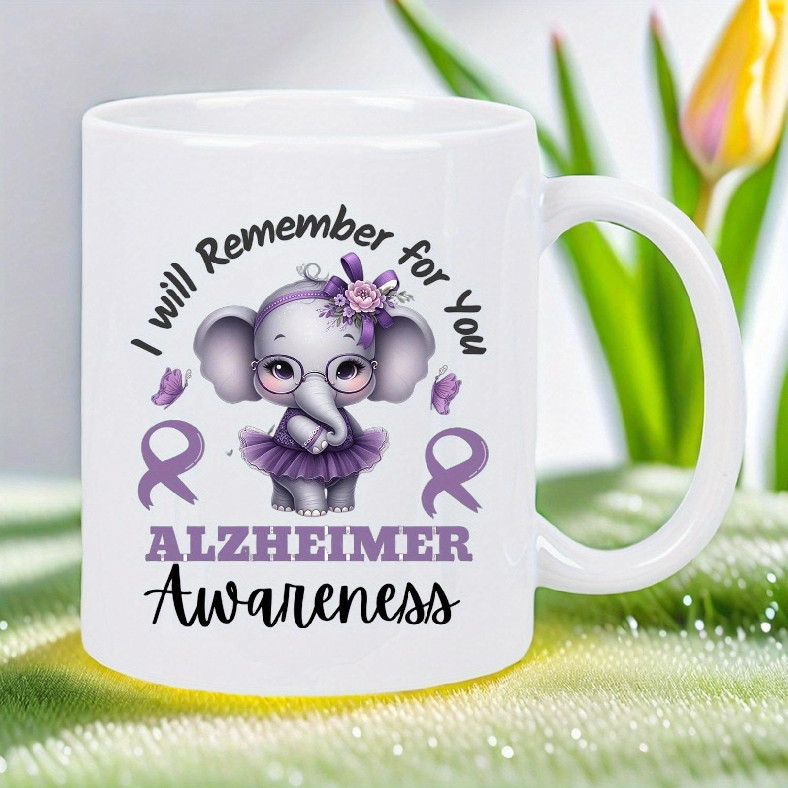Tailorly White Ceramic 11 oz Mug - I Will Remember For You Alzheimer Awareness Cute Baby Elephant Wearing Glasses And Purple Tutu Between Ribbons Elephant