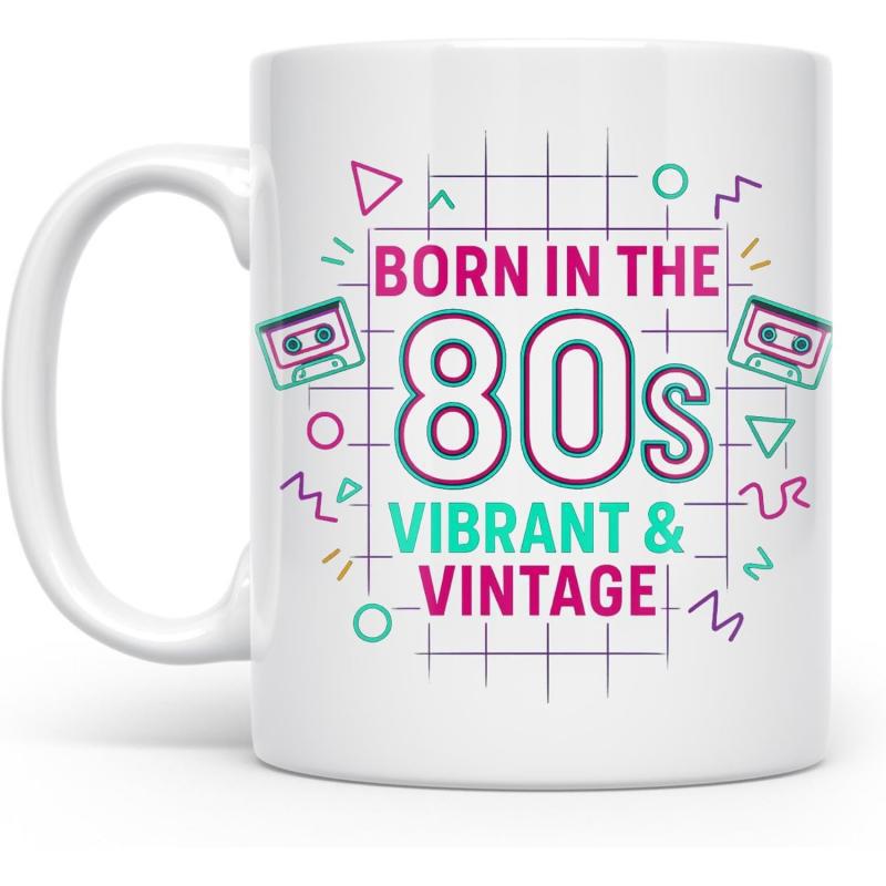 Tailorly White Ceramic 11 oz Mug - Born In The 80s Vibrant Vintage Retro Colorful Geometric Shapes With Grid Lines And Classic Vintage Musical Cassette