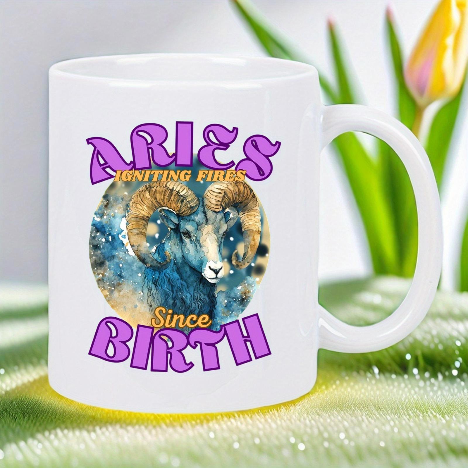 Tailorly White Ceramic 11 oz Mug - Aries Igniting Fire Since Birth Vibrant Watercolor Cosmic Pattern With Majestic Horns Among Celestial Blue Hues Ram