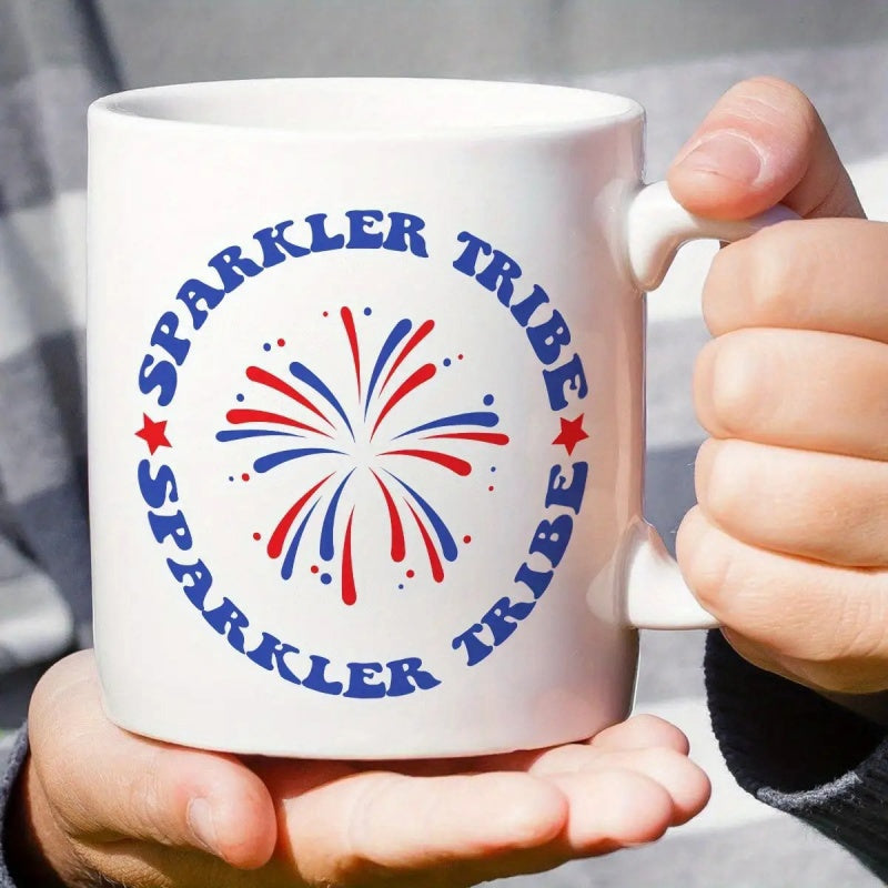Tailorly White Ceramic 11 oz Mug - Sparkler Tribe Vibrant Bursting Fireworks With Red And Blue Lines In Circular Frame Firework