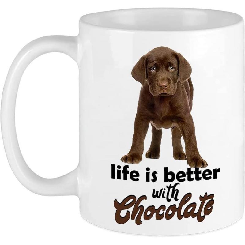 Tailorly White Ceramic 11 oz Mug - Life Is Better With Chocolate Adorable Small Brown Chocolate Labrador Retriever Puppy Standing Still Labrador