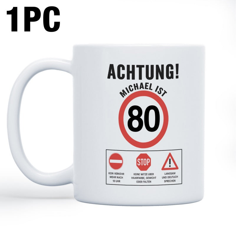 Tailorly White Ceramic 11 oz Mug - Vibrant Red And White Birthday Milestone Graphic Featuring Classic Traffic Warning Signs Design