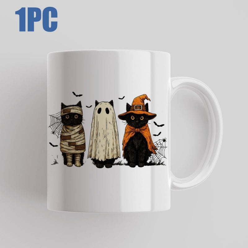 Tailorly White Ceramic 11 oz Mug - Three Spooky Halloween Kittens Dressed In Festive Costumes Among Bats Cat