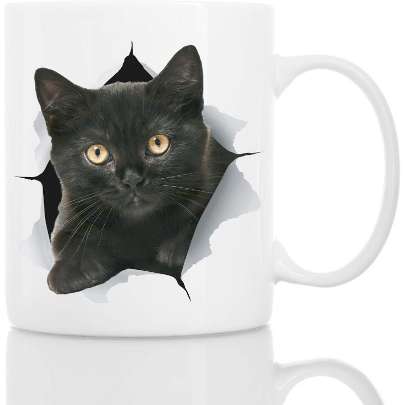 Tailorly White Ceramic 11 oz Mug - Realistic Black Kitten Peeking Through A Torn White Paper Hole Effect Cat