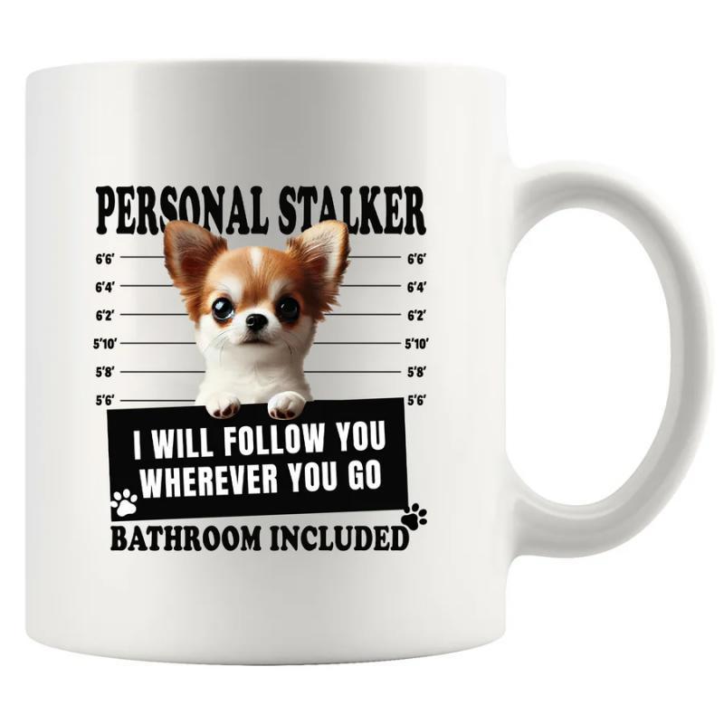Tailorly White Ceramic 11 oz Mug - Personal Stalker I Will Follow You Wherever You Go Bathroom Included Adorable Puppy Peeking Over Police Lineup Background With