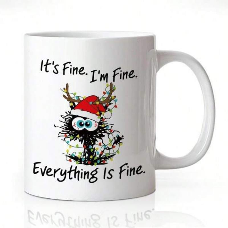 Tailorly White Ceramic 11 oz Mug - Its Fine Im Fine Everything Is Fine Messy Scruffy Holiday Cat Tangled In Colorful Glowing Christmas Lights Cat