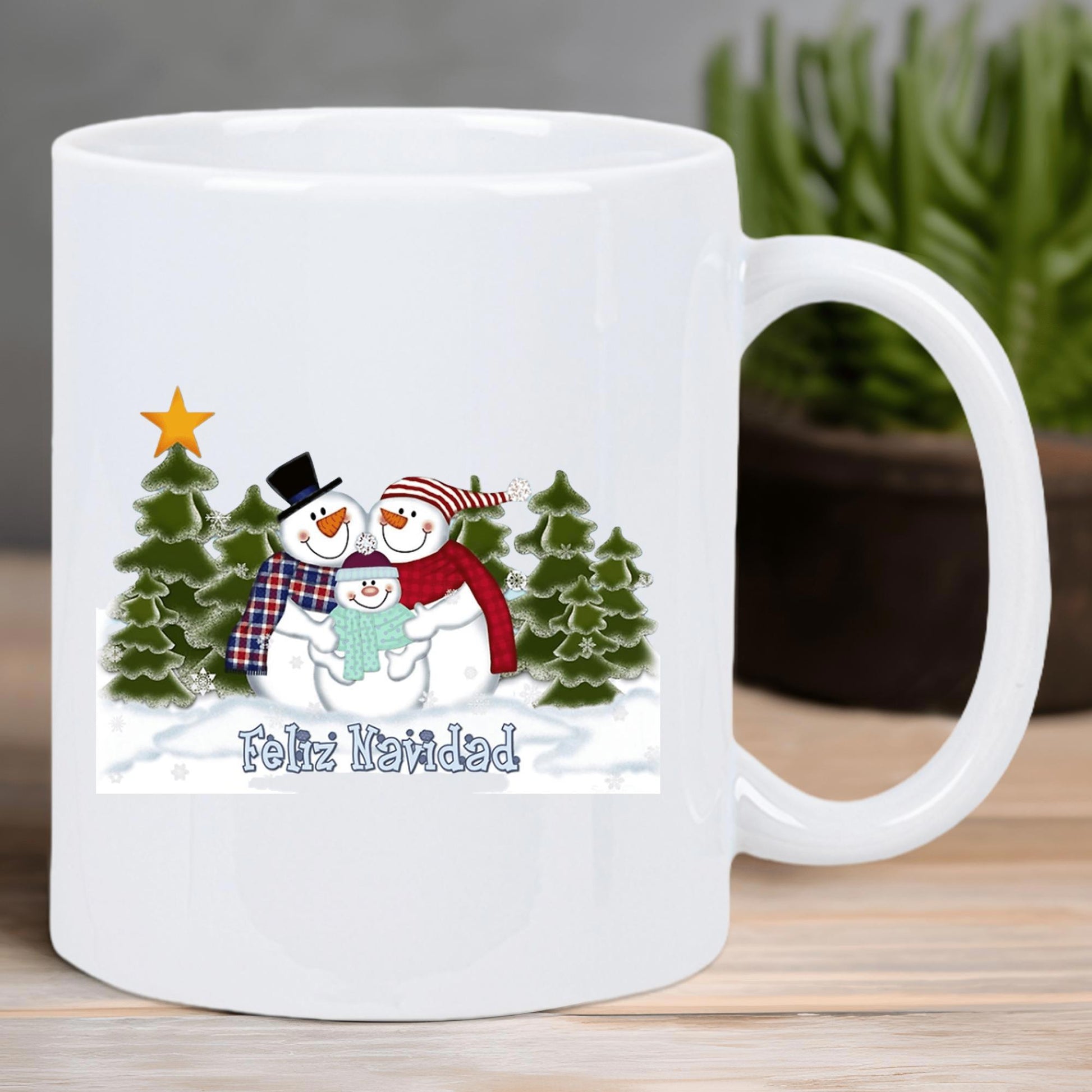 Tailorly White Ceramic 11 oz Mug - Charming Winter Landscape Featuring A Family Wearing Colorful Hats And Scarves Snowmen