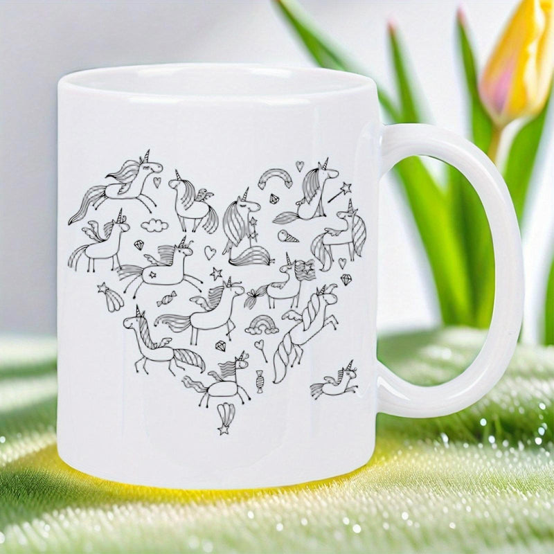 Tailorly White Ceramic 11 oz Mug - Doodle Style Unicorn Illustrations Arranged In A Decorative Whimsical Shape Heart