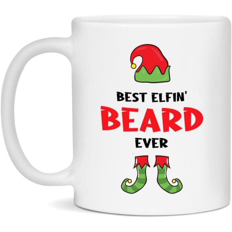 Tailorly White Ceramic 11 oz Mug - Best Elfin Beard Ever Festive Christmas Elf Hat And Striped Stocking Boots Under Bell Beard
