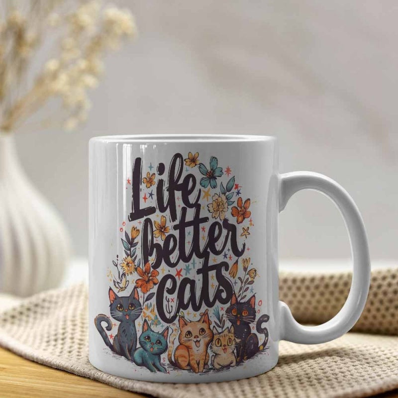 Tailorly White Ceramic 11 oz Mug - Life Better Cats Adorable Small Kittens Resting Within Beautiful Blooming Garden Flowers And Leaves Cat