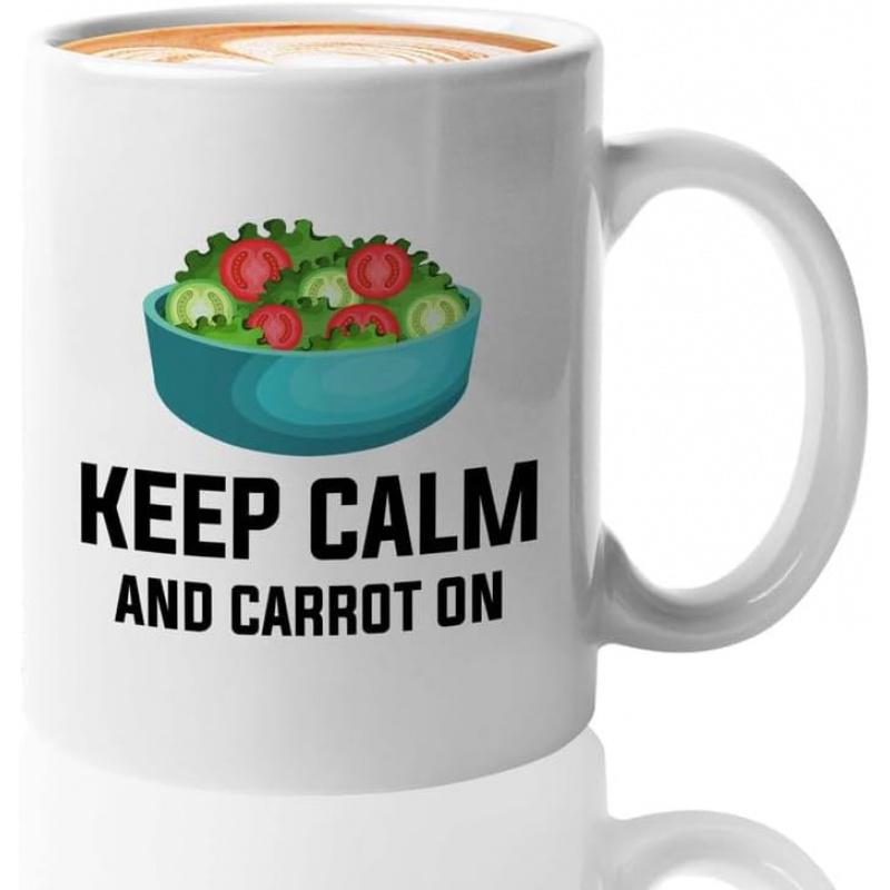 Tailorly White Ceramic 11 oz Mug - Keep Calm And Carrot On Fresh Healthy Green Vegetable Bowl With Red Tomatoes And Lettuce Salad