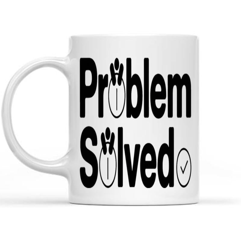 Tailorly White Ceramic 11 oz Mug - Problem Solved Bold Black Typography With Stylized Sports Icons And Simple Checkmark Mug