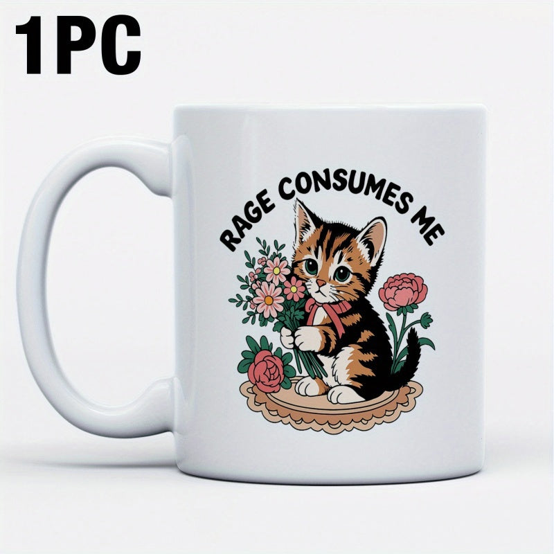 Tailorly White Ceramic 11 oz Mug - Rage Consumes Me Small Vintage Tabby Pet Holding A Delicate Bouquet Of Colorful Garden Flowers Kitten