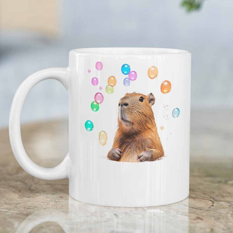 Tailorly White Ceramic 11 oz Mug - Realistic Brown Furry Animal Surrounded By Vibrant Colorful Floating Soap Bubbles Capybara
