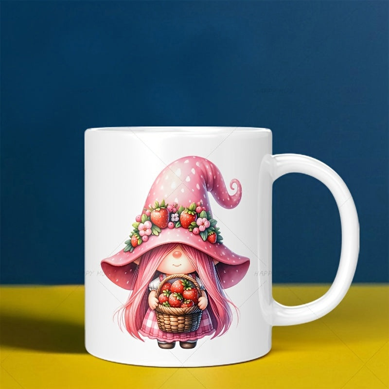 Tailorly White Ceramic 11 oz Mug - Adorable Pink Strawberry Character Wearing Pointed Hat Holding Fruit Basket Gnome