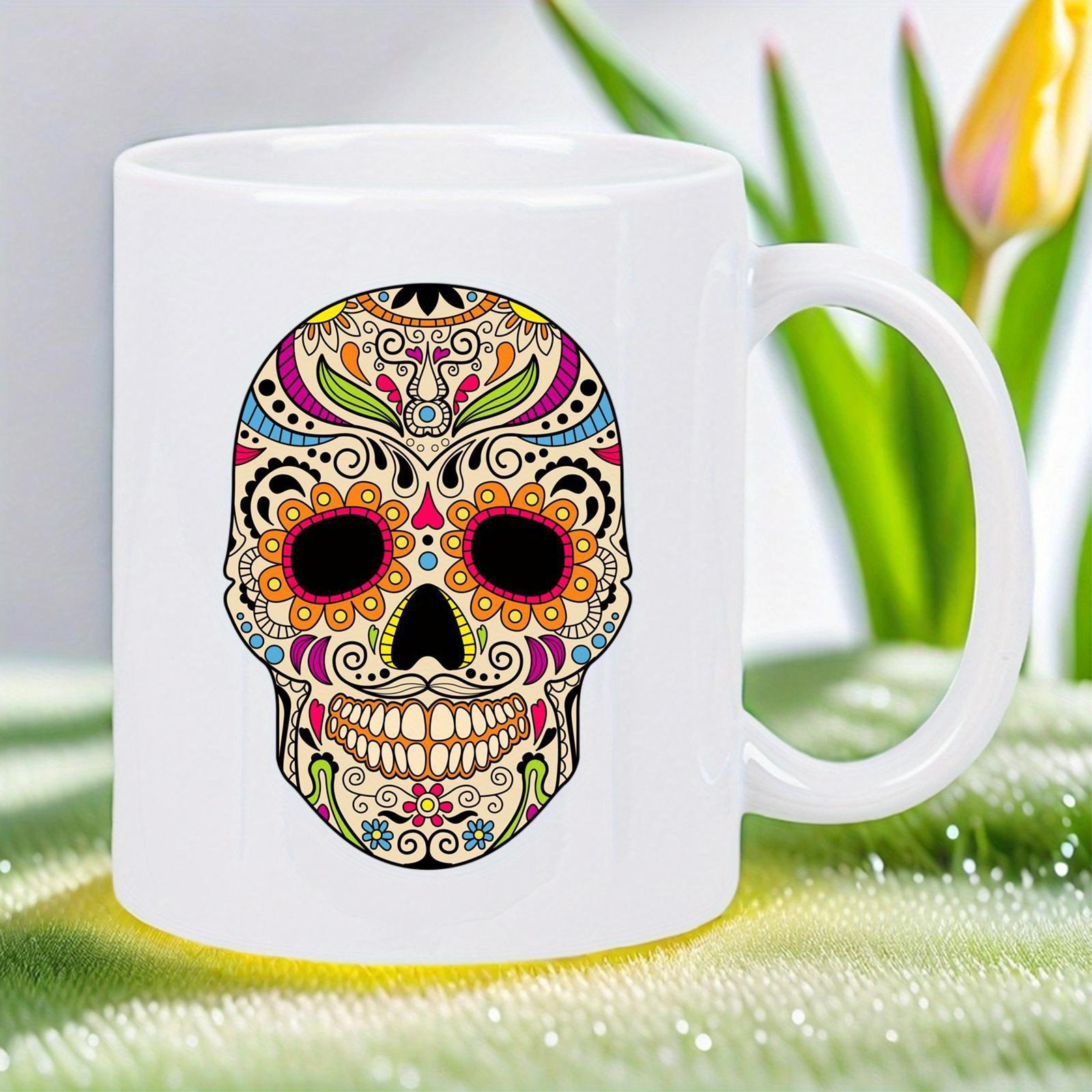Tailorly White Ceramic 11 oz Mug - Intricate Colorful Floral Patterns Decorating A Traditional Mexican Day Of Dead Skull