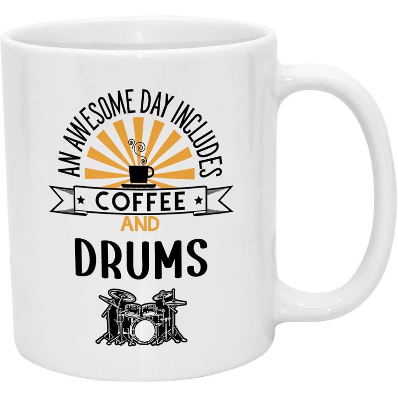 Tailorly White Ceramic 11 oz Mug - An Awesome Day Includes Coffee And Drums Vintage Sunburst With Steaming Coffee Cup Above A Complete Percussion Set Drums