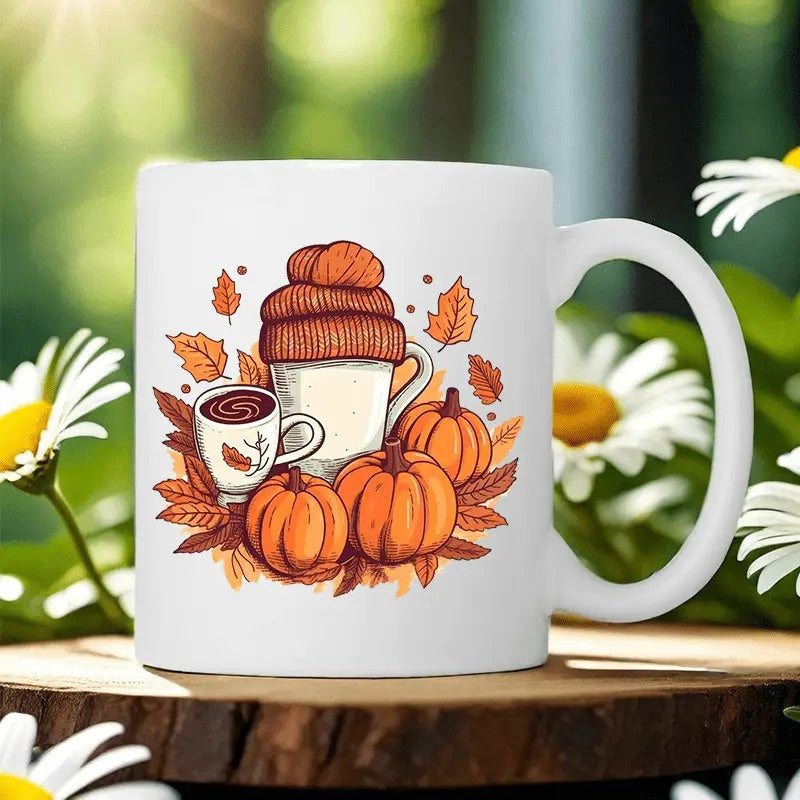 Tailorly White Ceramic 11 oz Mug - Cozy Autumn Vibe With Pumpkins And Hot Drinks Under Falling Leaves Mug