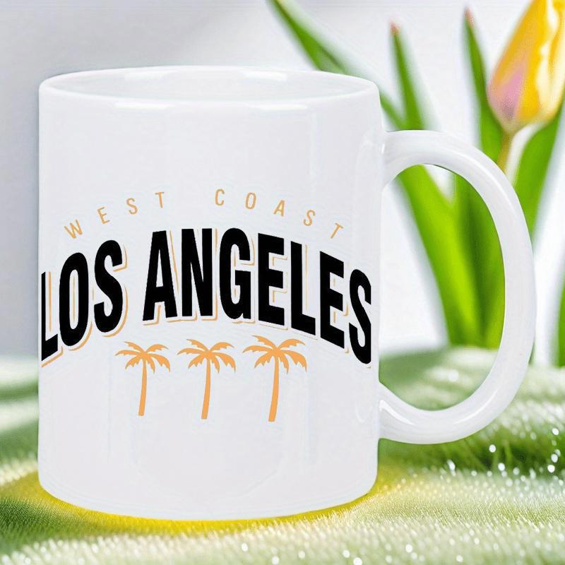 Tailorly White Ceramic 11 oz Mug - West Coast Los Angeles Three Simple Tropical Palm Trees Standing Under Arching City Names Palm Tree