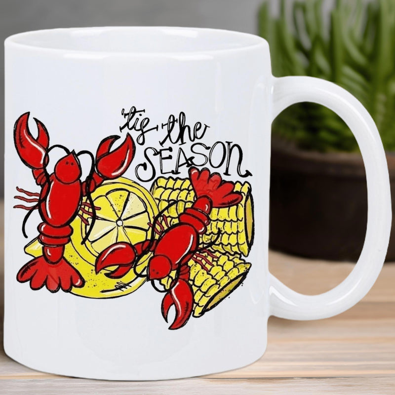 Tailorly White Ceramic 11 oz Mug - Tis The Season Vibrant Red Lobsters Among Corn Cobs And Sliced Fresh Yellow Lemon Lobster